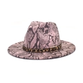 Detail of pink snakeskin fedora hat with leopard print band and gold buckle accent - M (56-58cm) / Pink