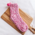 Pink and purple coral fleece crew socks with cute decorative pom-poms for winter - One Size / Rose Red