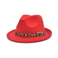 Classic red wool fedora hat with a trendy leopard print band and golden buckle detail - M (56-58cm) / Red