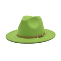 Detail of emerald green felt fedora with a brown leather belt and golden metal buckle - M(56-58cm) / Fruit Green