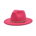 Detail of rose red wide brim fedora hat featuring light brown leather belt with gold buckle - M(56-58cm) / Rose Red