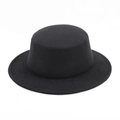 Detailed top view of black wool felt boater hat with flat crown and wide brim - Black