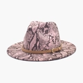 Detailed view of pink and grey snake skin pattern fedora hat with brown leather buckle strap - Pink