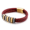 Men's double-layered red braided leather bracelet with gold stainless steel magnetic clasp - Gold KB110132-K