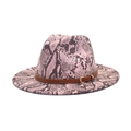Detail of pink snakeskin pattern wool fedora with brown faux leather belt and gold buckle - M(56-58cm) / Pink Snakeskin