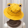 Detail of yellow cotton frog bucket hat with 3D eyes and embroidered smiley face - 56-58cm / Yellow