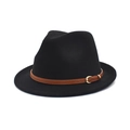 Chapeau fedora en feutre de laine noir avec bande en cuir marron et boucle dorée - M (56-58cm) / Noir