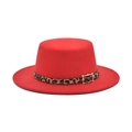 Detail of red wool felt boater hat featuring leopard print band and gold buckle - M (56-58cm) / Red