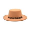 Flat top camel wool fedora hat with leopard print band and gold buckle detail - M (56-58cm) / Camel