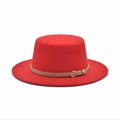 Close-up of red wool felt jazz hat with brown faux leather belt and gold metal buckle - M (56-58cm) / Red