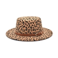 Stylish flat top leopard print wool felt boater hat with a brown leather belt buckle strap - M (56-58cm) / Camel