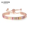 Rainbow baguette cut crystal tennis bracelet in rose gold with adjustable sliding clasp - 2*4mm Rose Gold Rectangle Rainbow Stone