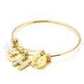 Gold stainless steel bracelet featuring letter H pendant, white pearl, and figure charms - Letter H / Gold