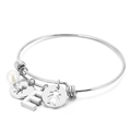 Silver stainless steel adjustable bangle featuring a letter E charm and pearl pendant - Letter E / Steel