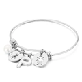 Silver stainless steel open bangle with letter P charm, white pearl and family pendants - Letter P / Steel