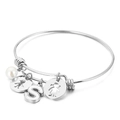 Adjustable silver titanium bangle with letter S charm, boy girl pendants and white pearl - Letter S / Steel