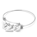 Silver steel adjustable bangle with V initial, boy-girl charms and white pearl - Letter V / Steel