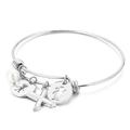 Silver stainless steel bangle with white pearl, cross charm, and boy girl pendants - Letter X / Steel