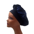 Elastic wide-band dark blue satin bonnet for hair care and sleep protection - One Size / Navy Blue