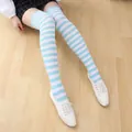 Blue and white striped over-knee high socks in Japanese school style for women - One Size / Blue and White Fine Stripes