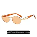 Retro oval sunglasses featuring a gold metal frame with champagne lenses and tortoiseshell arms - Gold Frame Champagne Lens