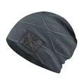 Dark grey knitted beanie with wavy texture, faux leather patch and silver star logo - Dark Gray