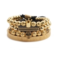 4-piece gold bracelet set with Roman numerals, crown, skull charms and black crystals - Crown Skull Roman Numerals Bracelet Combination (Style 3) / Gold