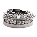Close-up of men's silver bracelets featuring a crown, skull charm and Roman numerals - Crown Skull Roman Numerals Bracelet Combination (Style 3) / White Gold