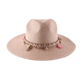 Cappello di paglia rosa bohémien con nappe colorate e conchiglie per vacanze al mare - M (56-58cm) / Rosa Coreano