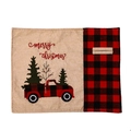Christmas place mat with red black plaid car and Merry Christmas embroidery on linen fabric - Farm Tractor Placemat