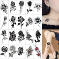 Set of 20 floral temporary tattoos featuring black and color roses on collarbone and leg - 20 Sheets Black Flower Set