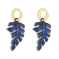 Elegant gold-plated hoop earrings with navy blue crystal-pave tropical leaf pendants - Blue