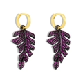 Elegant gold leaf earrings with black metal base and micro-set pink zircons - Rose Red