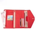 Red PU leather travel wallet with RFID protection and multiple card slots shown unfolded - Red