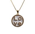 Golden box chain necklace with a white circular LOVE pendant and sparkling crystals - Gold LOVE Letter Box Chain
