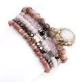 Bohemian multi-layer natural stone beaded bracelet set with gold heart and butterfly charms - Morandi Multi-color/Butterfly/Heart (BCSET175)