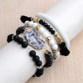 Five-piece boho natural stone bead bracelet set with grey geode and black silk tassels - Black/White/Druzy Geode (BCSET106)