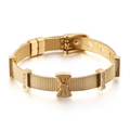 Golden mesh watch-style bracelet featuring a sparkling crystal bow and heart lock - Gold