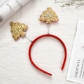 Red Christmas headband with golden glittery Feliz Navidad trees on silver springs - Gold Christmas Tree Style 1