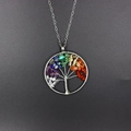 Silver Tree of Life pendant with 7 Chakra natural crystal stones on a silver chain - Round Solid Root 3.5cm