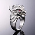 Men's vintage silver dragon ring with red gem eye and detailed scales in 925 sterling silver - US 6 / White Gold