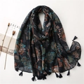 Navy blue cotton linen scarf with vintage floral patterns and fringe details - Navy Blue Floral (SL2006-035) / 180x90