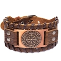 Vintage Viking compass leather bracelet for men in dark brown with embossed vegvisir symbol - Brown Leather + Antique Red