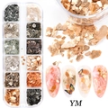 Macro shot of 12-slot box with colorful shell flakes and glitter nail art samples - 12 Grids Colorful Shell Fragments (YM)