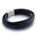 Men's multi-layer black braided leather bracelet with silver magnetic steel clasp - Steel Buckle (KB92474-K)