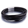 Bracciale multistrato in pelle nera fatto a mano per uomo con chiusura magnetica spazzolata - Fibbia in Acciaio (KB92471-K) / Marrone