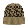 Bonnet en tricot imprimé léopard pour femme avec revers côtelé camel pour l'hiver - Chameau