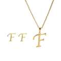 Detailed view of gold plated stainless steel letter F necklace and stud earrings set - F Set