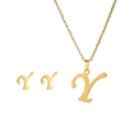 Polished gold stainless steel jewelry set featuring letter Y pendant necklace and stud earrings - Y Set