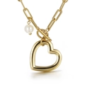 Collier chaîne trombone dorée avec pendentif cœur ajouré et détails de perle blanche - Collier en Or (KN113615-Z)